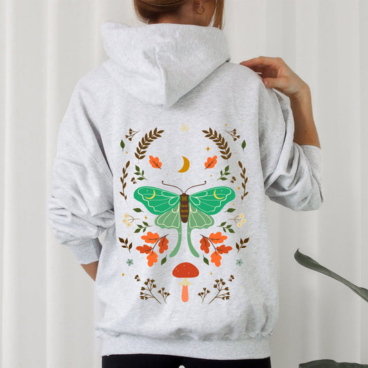 Mystical Moth and Moon, Enchanted Floral Night Sky Hoodie
