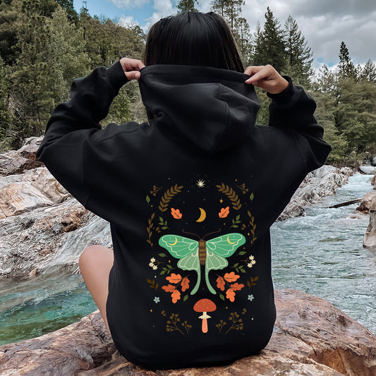 Mystical Moth and Moon, Enchanted Floral Night Sky Hoodie