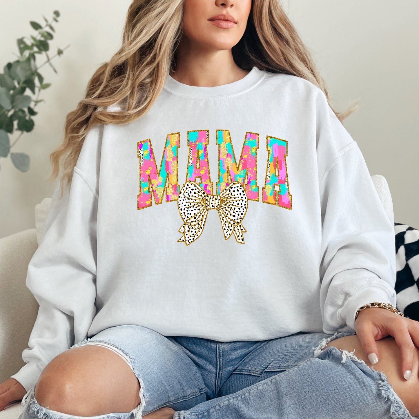 Painted Mama, Dalmatian Print, Bow, Ribbon, Coquette, Mother's Day Sweatshirt
