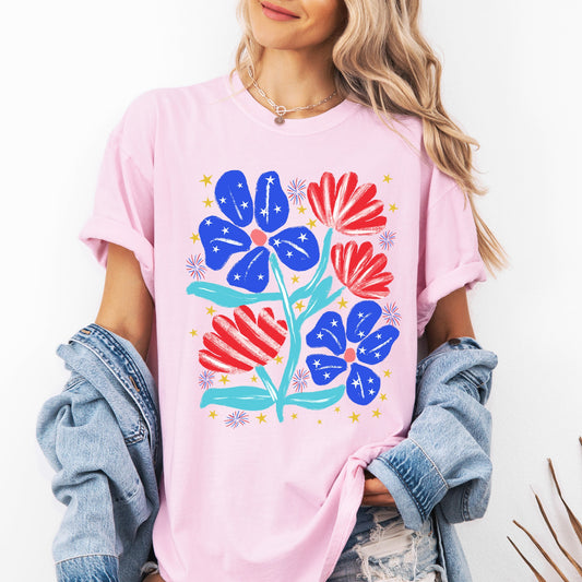 Patriotic Flowers, Red White Blue, America, USA, 4th of July Tshirt Comfort Colors T-Shirt