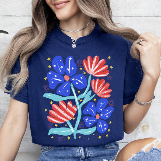 Patriotic Flowers, Red White Blue, America, USA, 4th of July Tshirt Comfort Colors T-Shirt