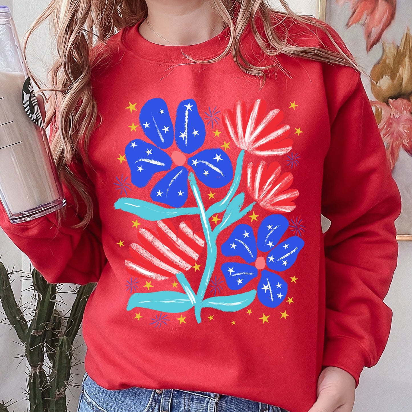 Patriotic Flowers, Red White Blue, America, USA, 4th of July Sweatshirt