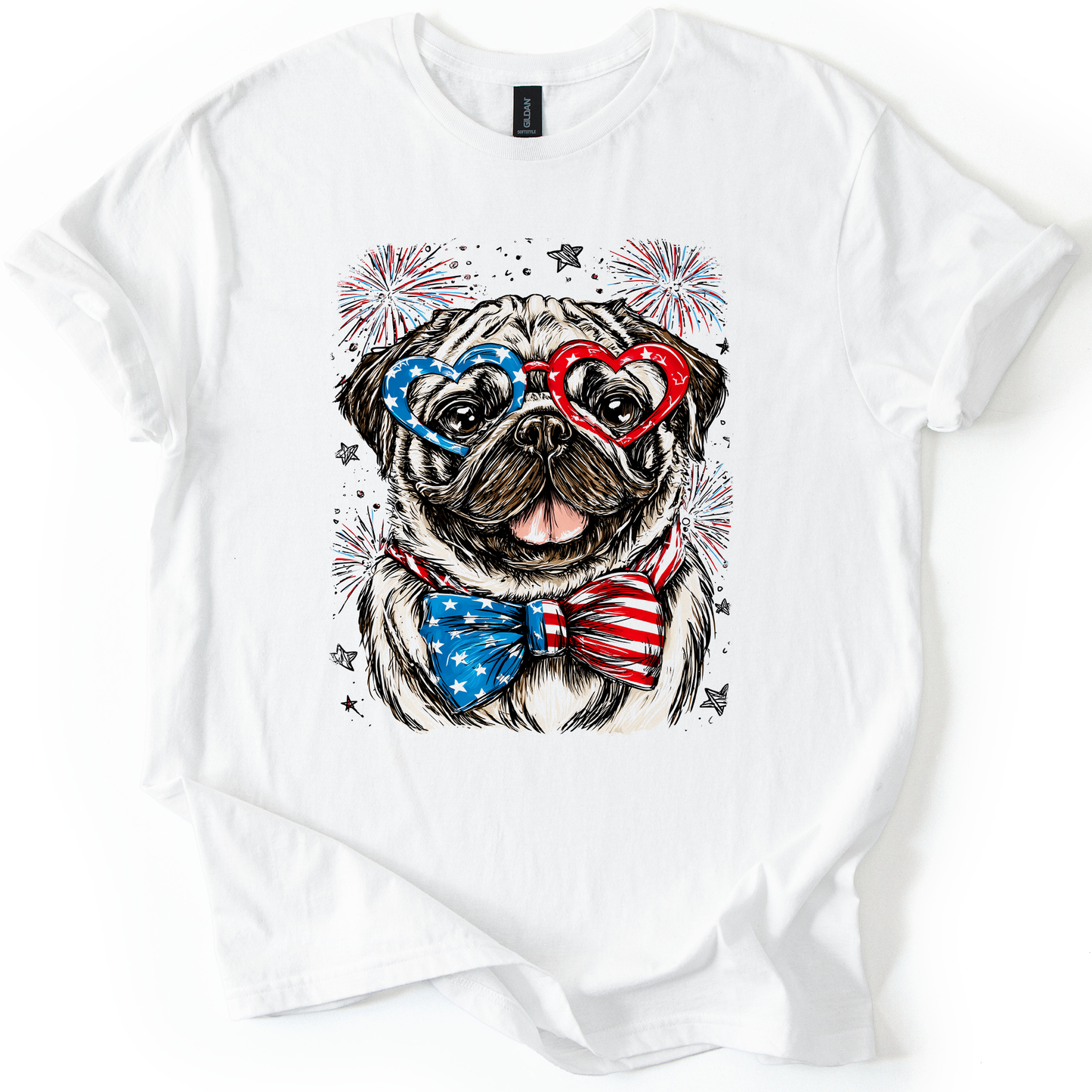 Pug Patriotic Dog, USA, America, Pet Lover, 4th of July, Soft Style T-Shirt
