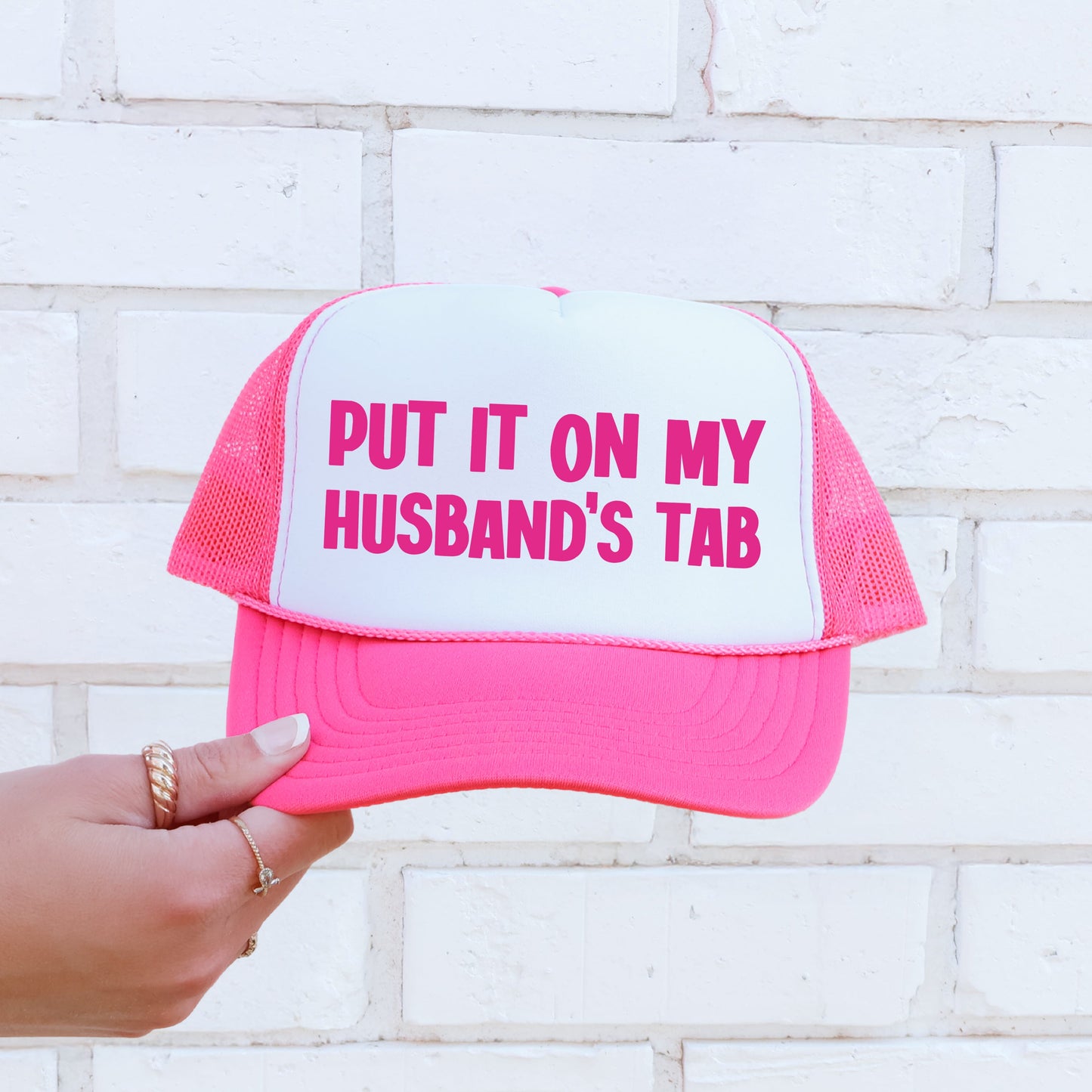 Put It on My Husband’s Tab, Sassy, Funny, Bright Pink Snapback Trucker Hat