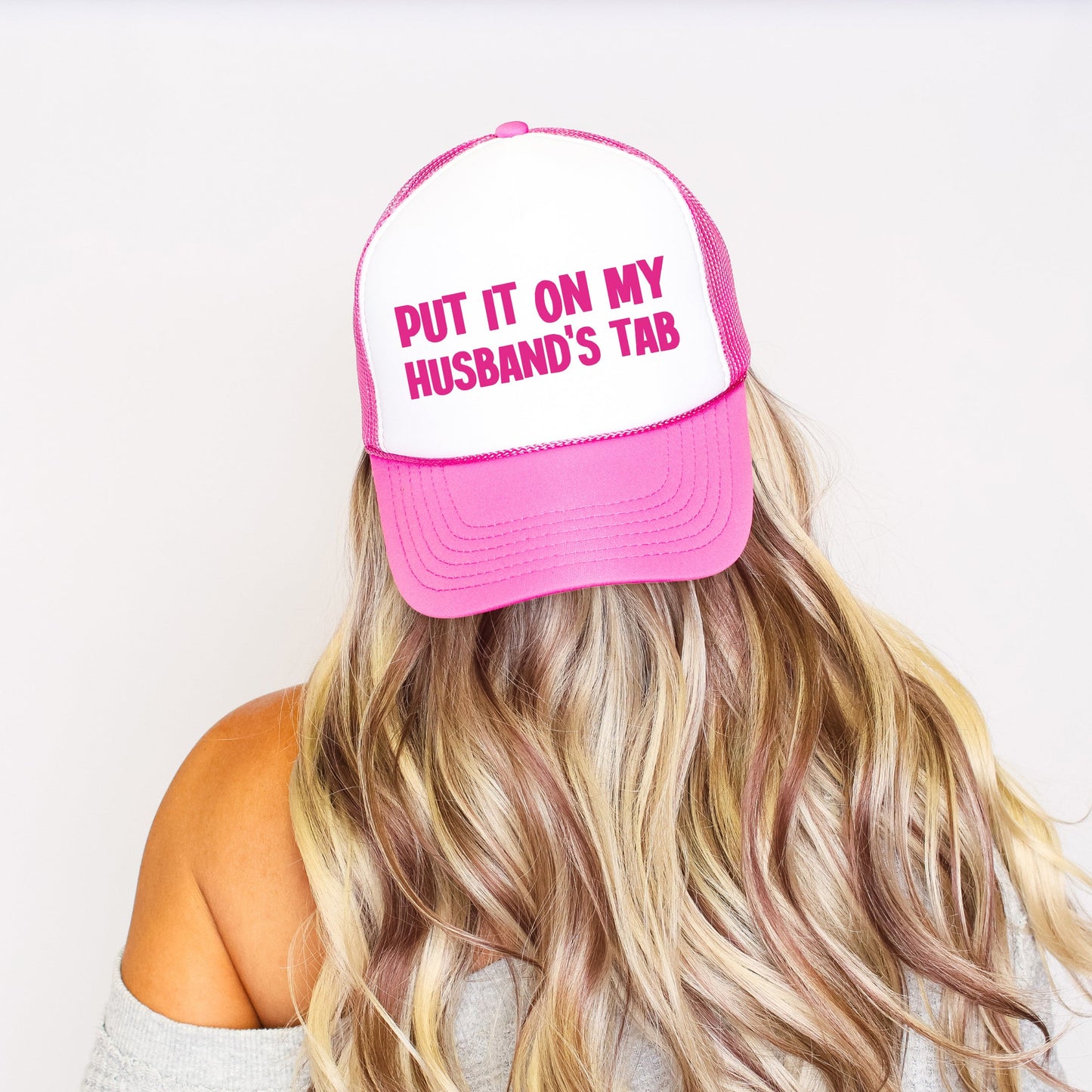 Put It on My Husband’s Tab, Sassy, Funny, Bright Pink Snapback Trucker Hat