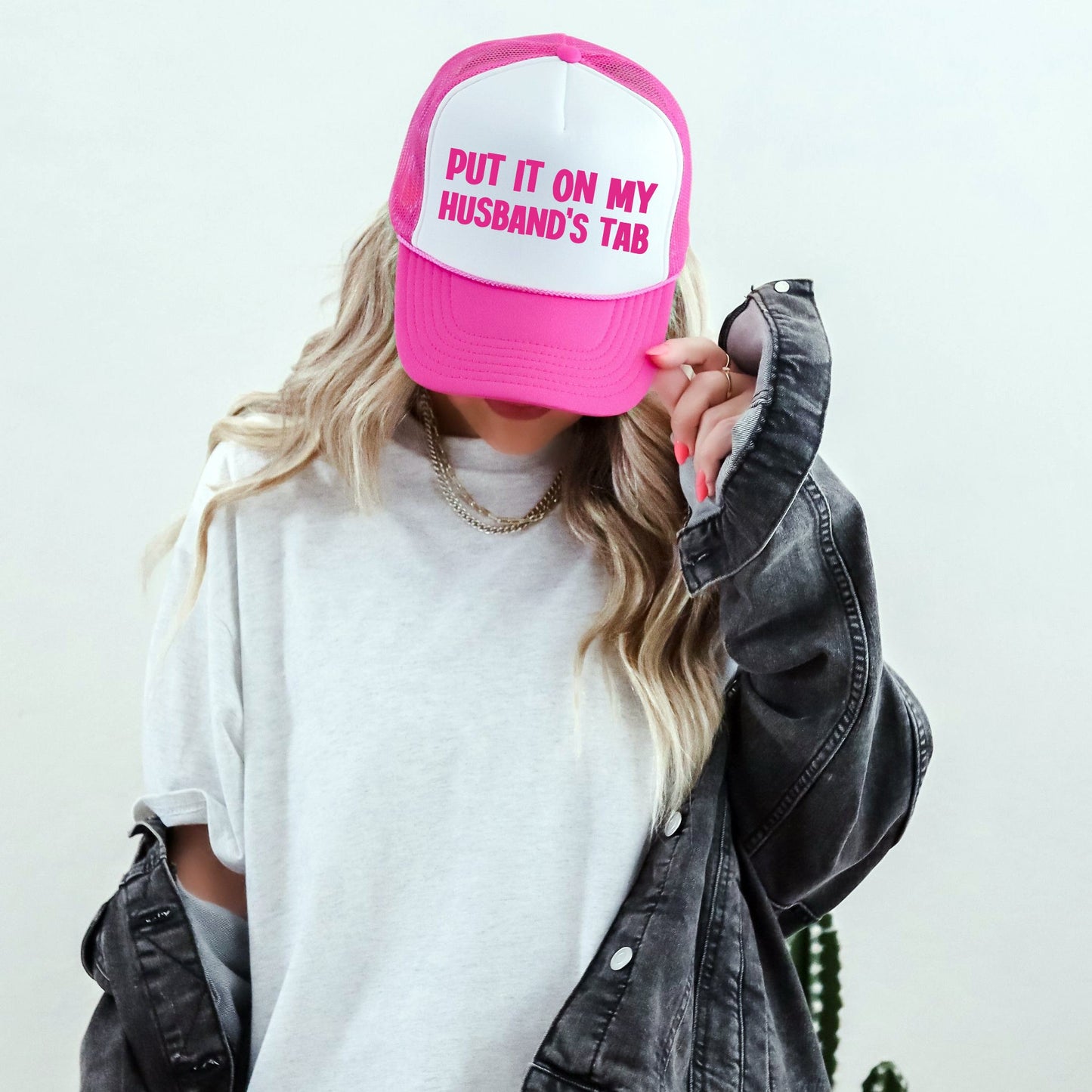 Put It on My Husband’s Tab, Sassy, Funny, Bright Pink Snapback Trucker Hat