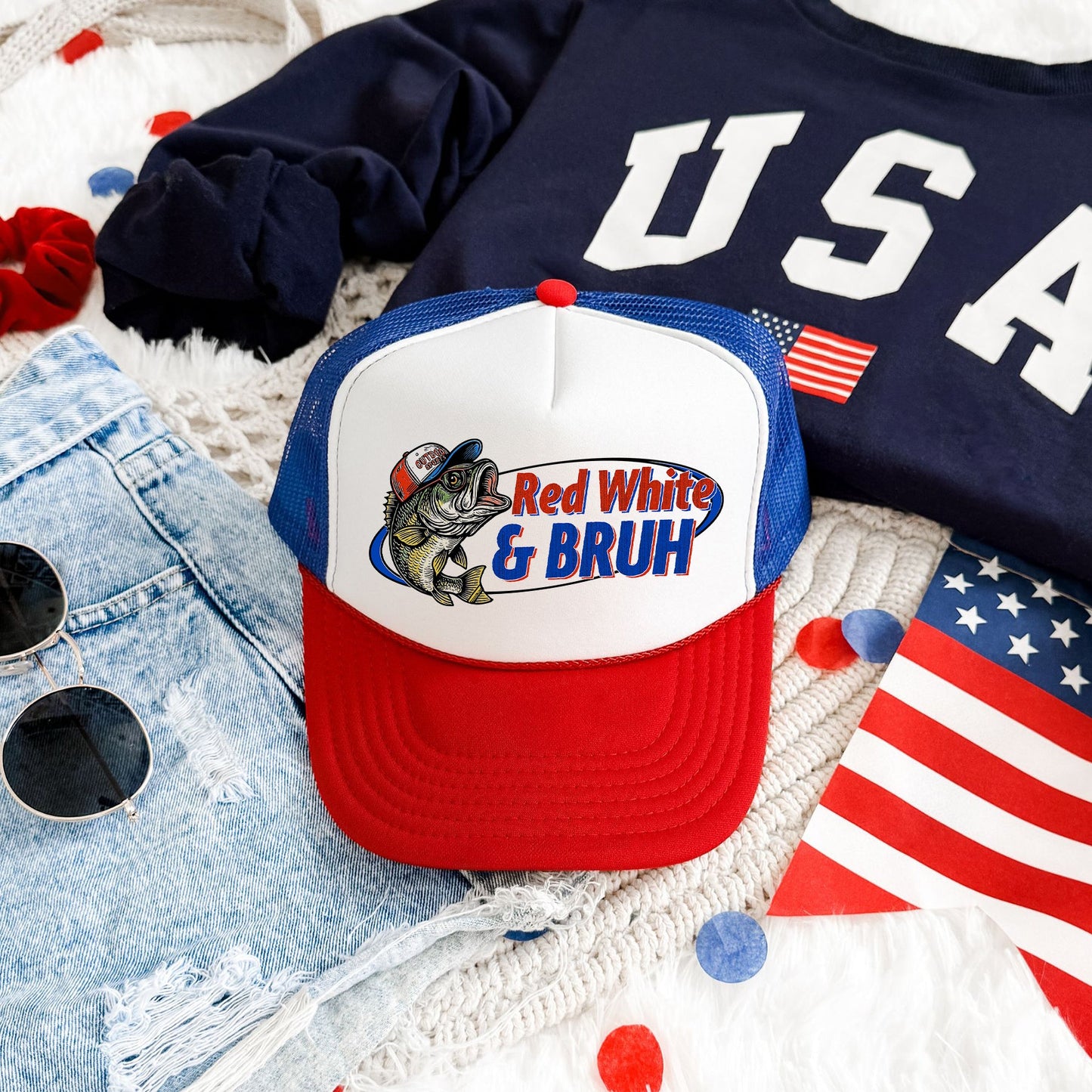 Red White and Bruh, Bass, Fishing, Patriotic, Snapback Trucker Hat