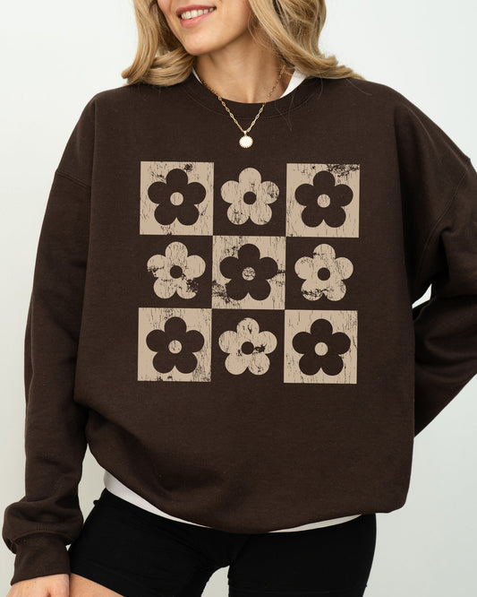 Retro Checkered Flowers, Minimalist, Vintage Sweatshirt
