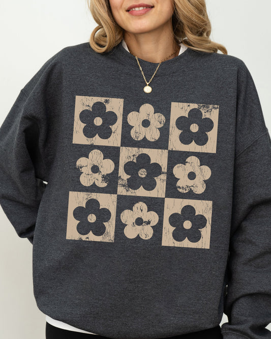 Retro Checkered Flowers, Minimalist, Vintage Sweatshirt