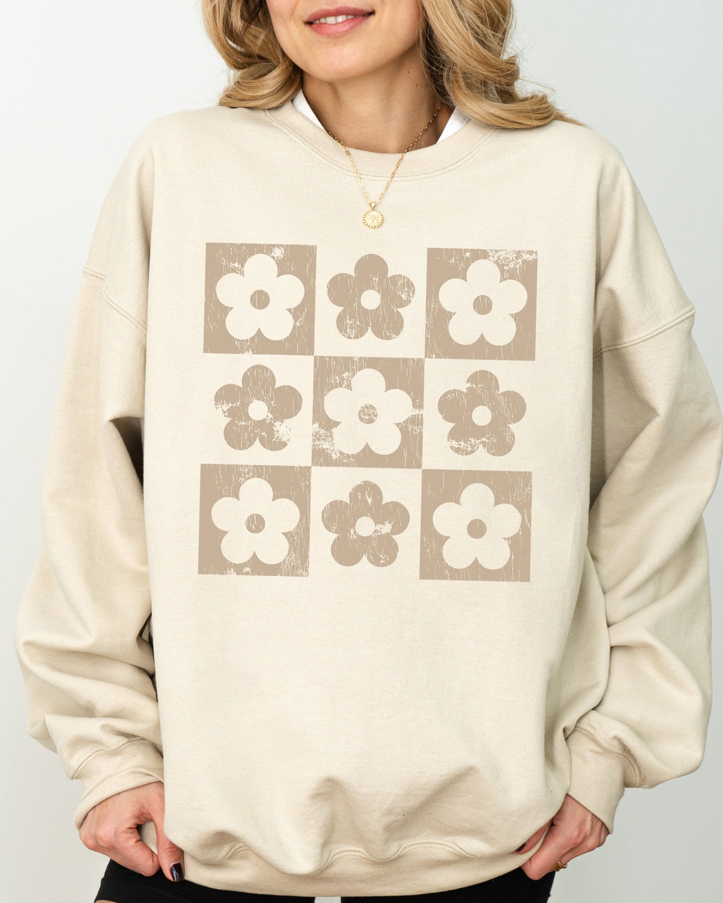 Retro Checkered Flowers, Minimalist, Vintage Sweatshirt