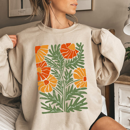 Retro Daisy Design, Greens, Orange, Vintage, Floral, Flower Sweatshirt