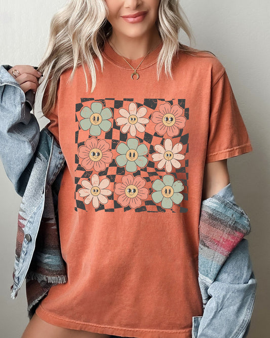 Retro Flowers, Checkered, Daisies, Hippie, Cute, Positivity Shirt Comfort Colors T-Shirt