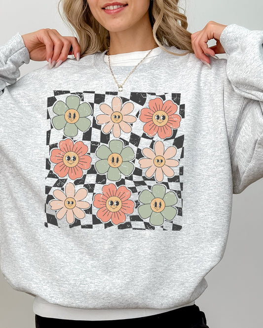 Retro Flowers, Checkered, Daisies, Hippie, Cute, Positivity Sweatshirt