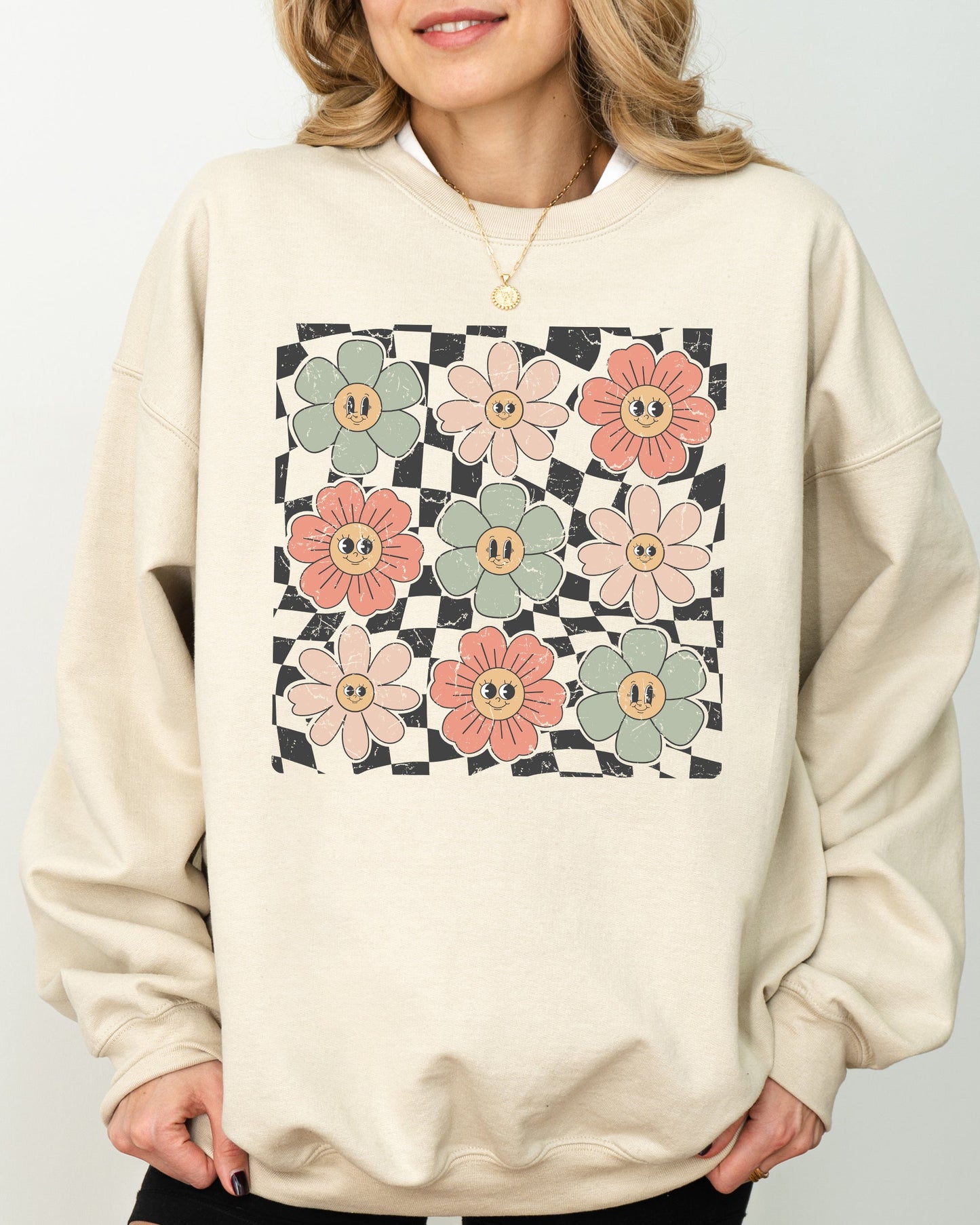 Retro Flowers, Checkered, Daisies, Hippie, Cute, Positivity Sweatshirt