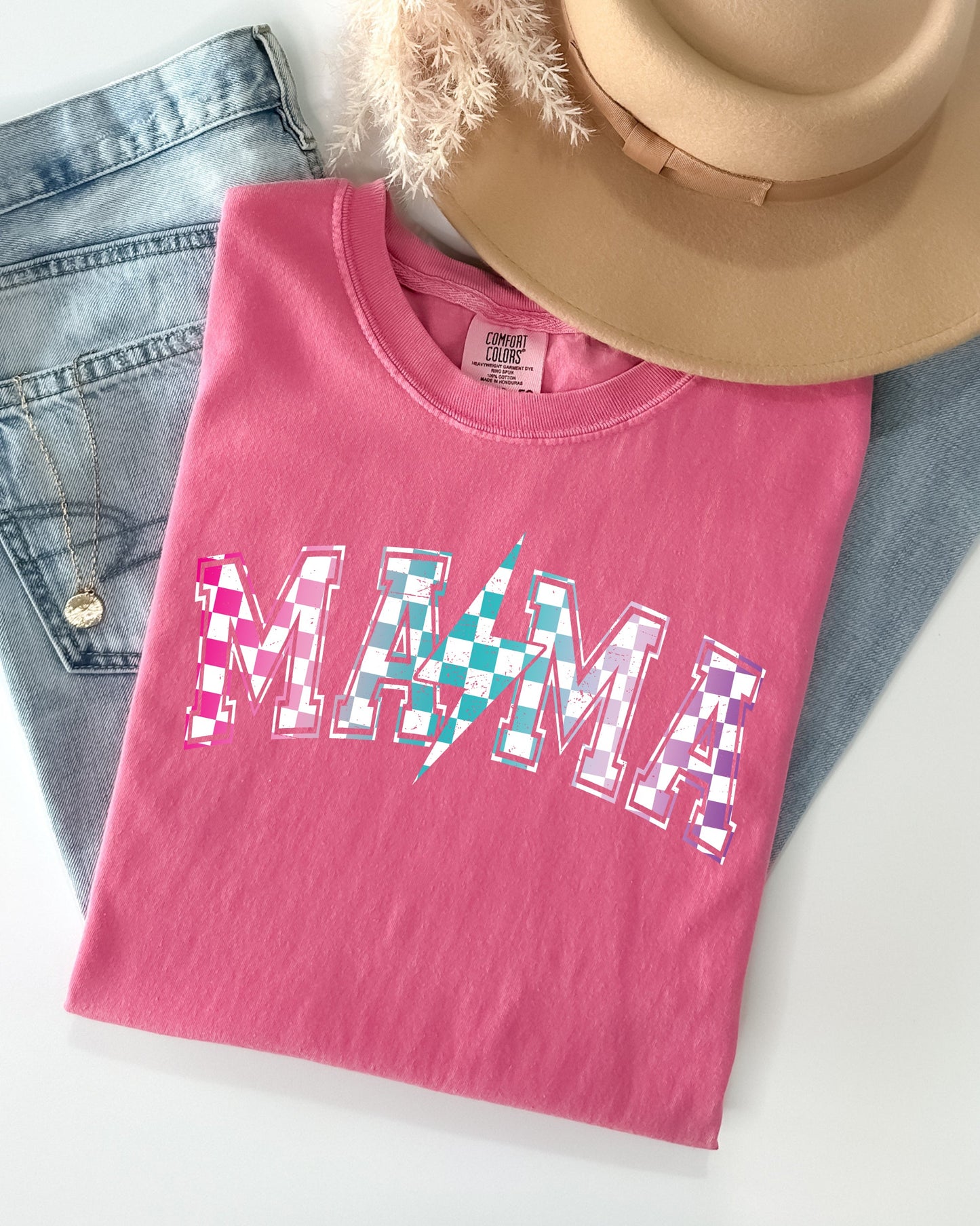 Retro Mama, Checkered, Lightening Bolt, Colorful, Mother, Mom Shirt Comfort Colors T-Shirt