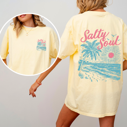Salty Soul, Beach, Sunset, Palm Trees, Summer, Front and Back, Comfort Colors T-Shirt