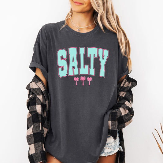 Salty, Palm Trees, Retro, Varsity, Summer, Beach, Comfort Colors T-Shirt