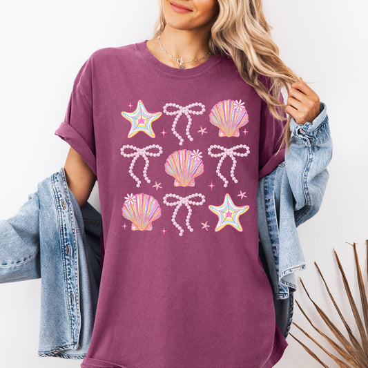 Seashell, Beach, Coquette, Pearls, Ribbon, Summer, Comfort Colors T-Shirt