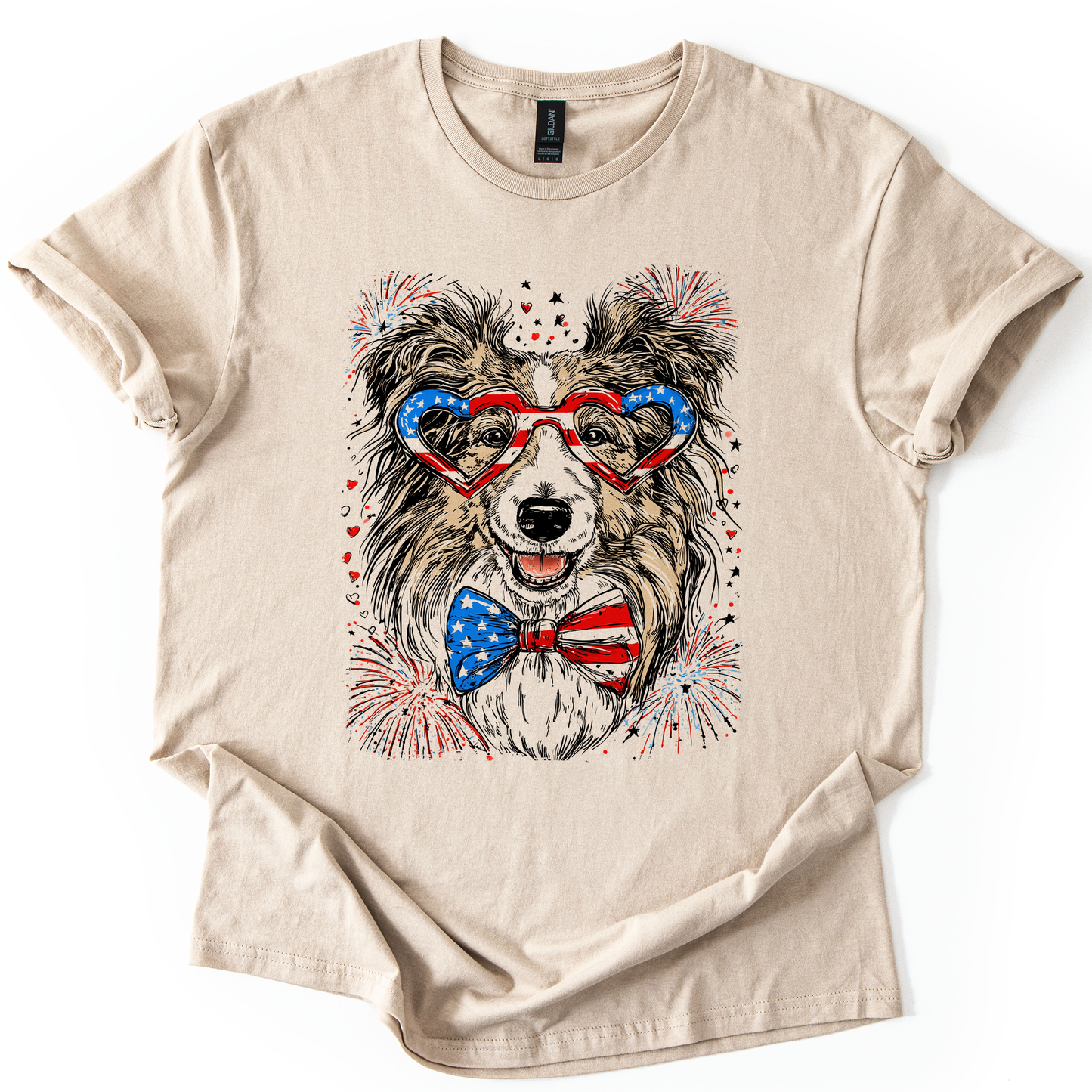 Sheltie, Shetland Sheepdog Patriotic Dog, USA, America, Pet Lover, 4th of July, Soft Style T-Shirt