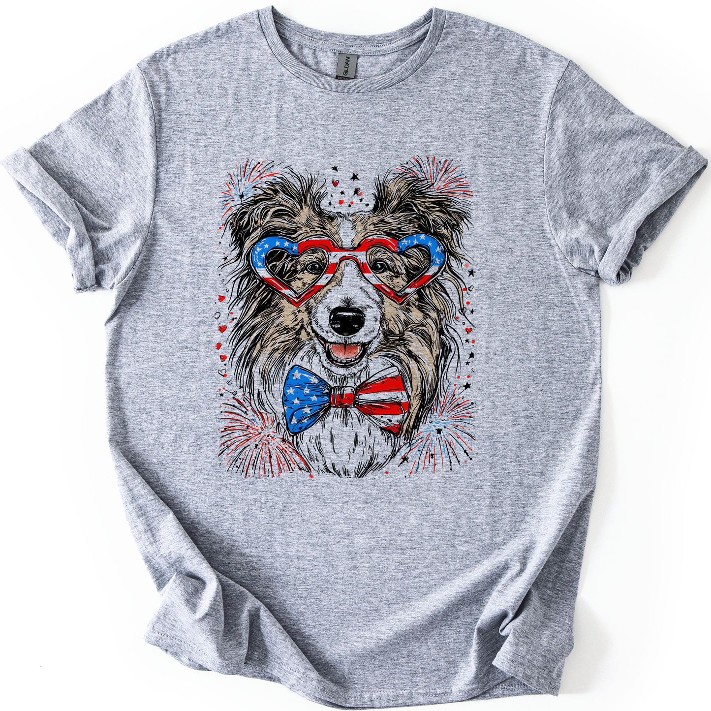 Sheltie, Shetland Sheepdog Patriotic Dog, USA, America, Pet Lover, 4th of July, Soft Style T-Shirt