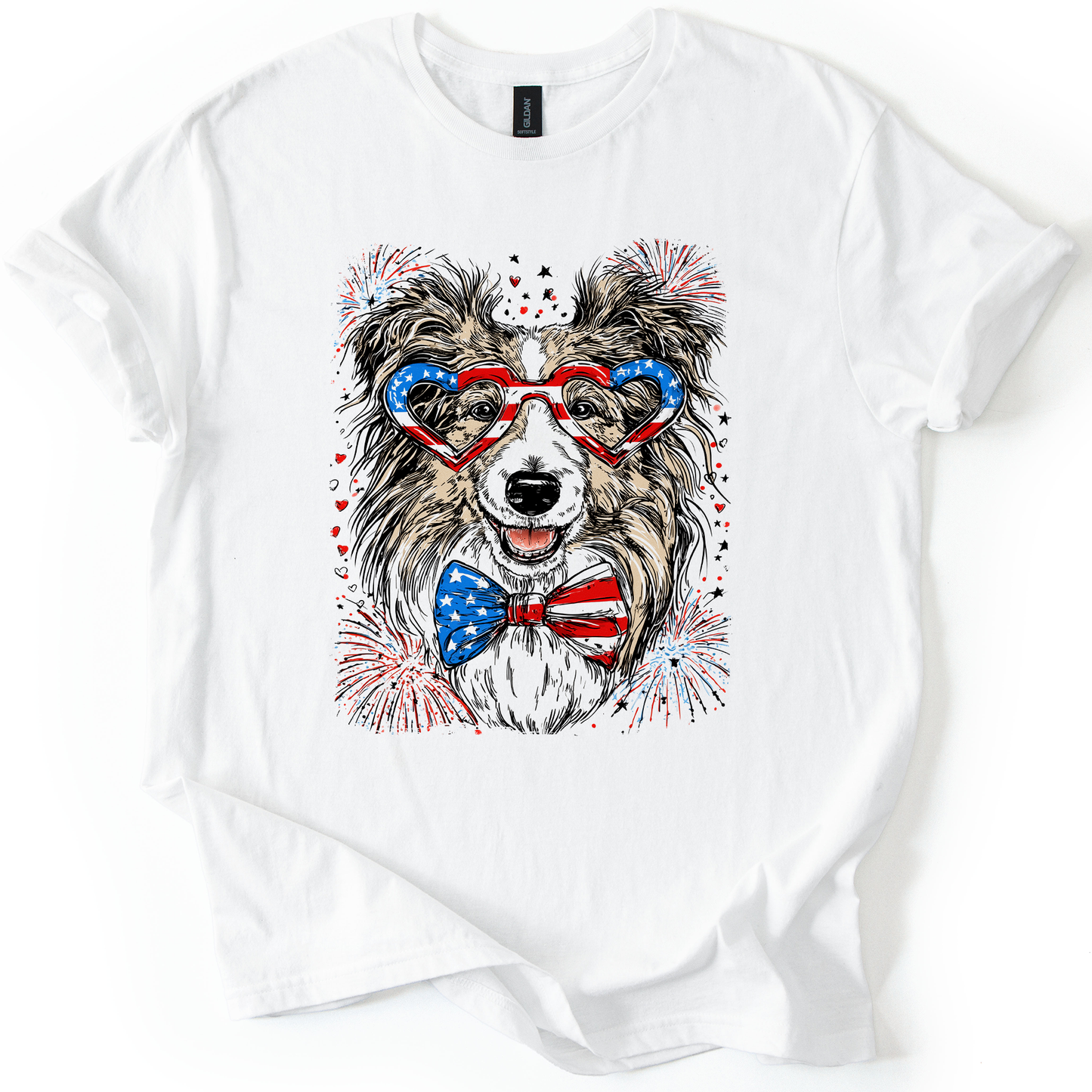 Sheltie, Shetland Sheepdog Patriotic Dog, USA, America, Pet Lover, 4th of July, Soft Style T-Shirt