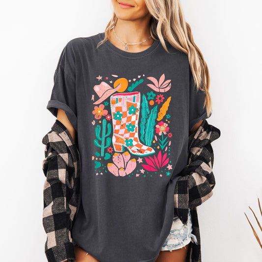 Summer, Retro Cowboy Boot, Cowgirl, Floral, Botanical, Comfort Colors T-Shirt