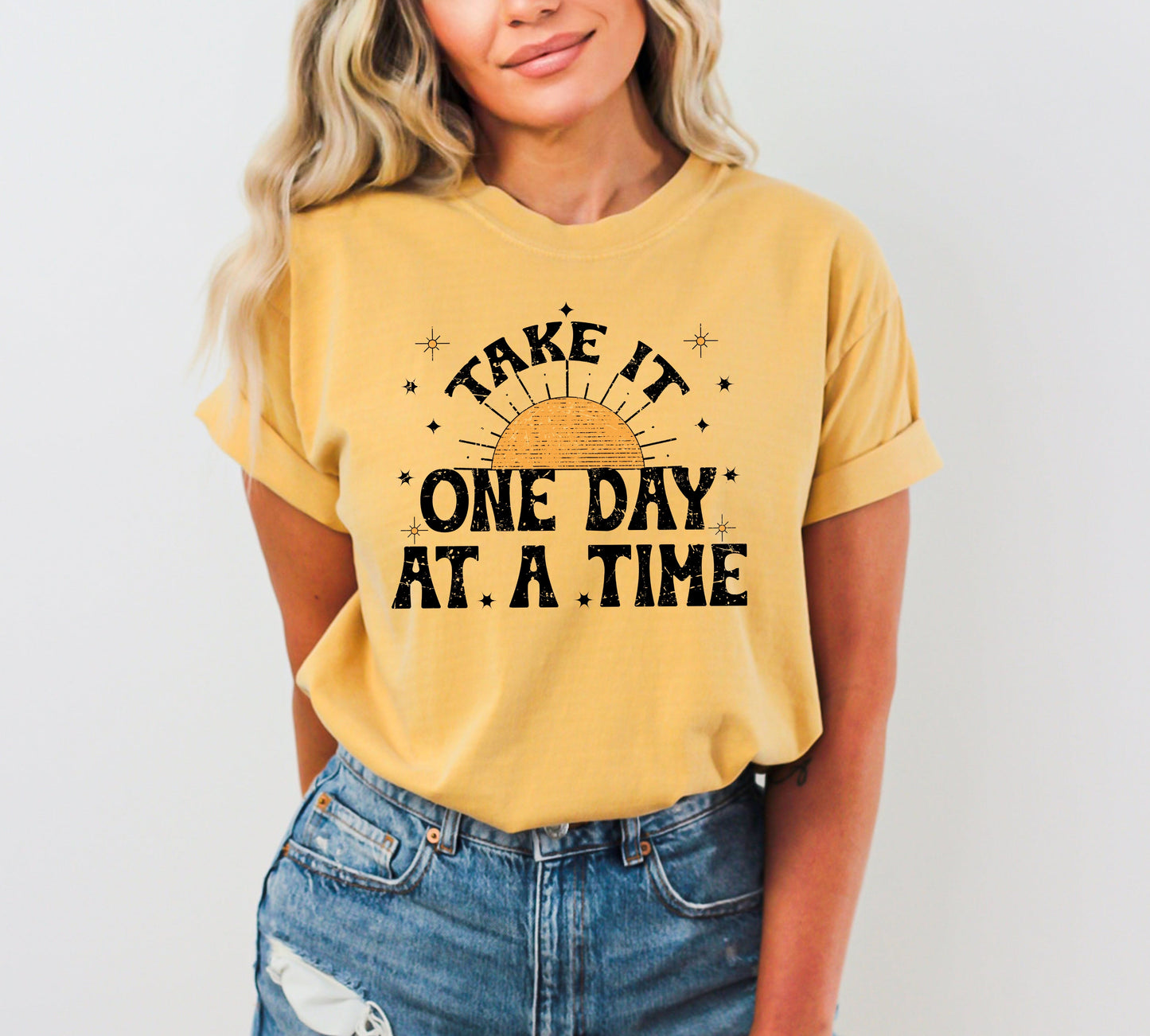 Take It One Day At A Time, Let Go, Mental Health, Self Care, Positivity, Sun, Stars, Tshirt Comfort Colors T-Shirt