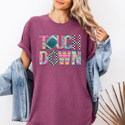 Touchdown, Faux Printed Embroidery Look, Colorful, Girly, Football, Sports, Game Day, Big Game, Tailgate Party Tshirt Comfort Colors T-Shirt