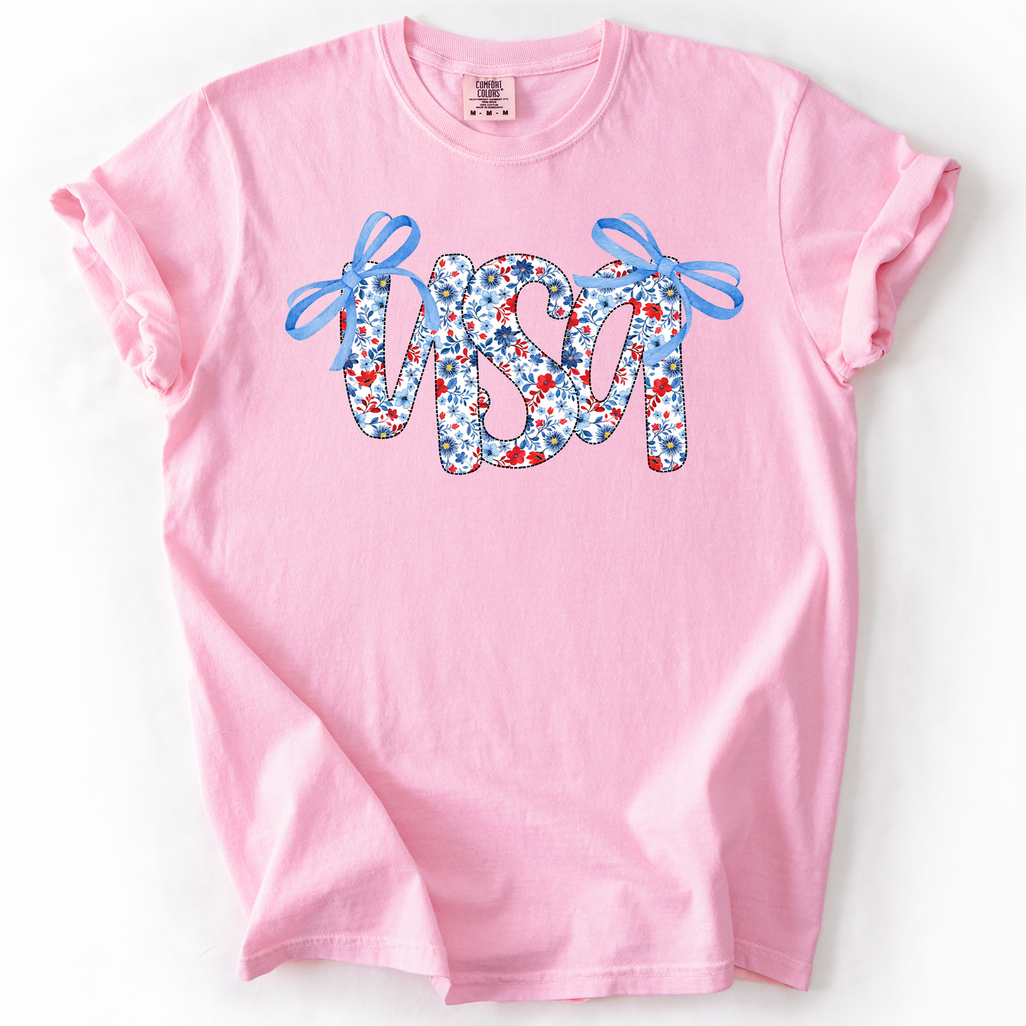 USA, Patriotic Floral Patterns, Ribbons, Fourth of July, America, Comfort Colors T-Shirt