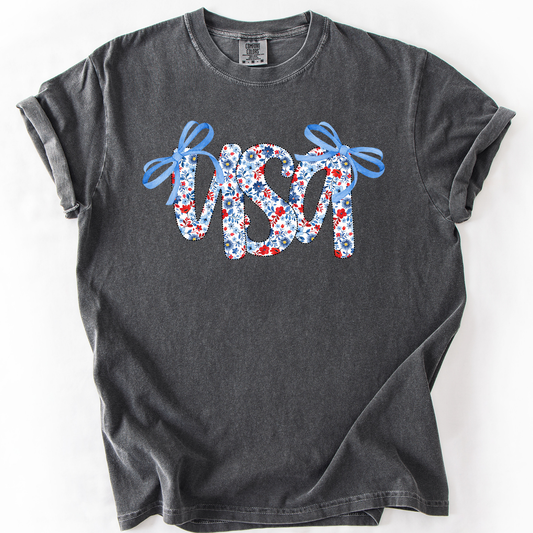 USA, Patriotic Floral Patterns, Ribbons, Fourth of July, America, Comfort Colors T-Shirt