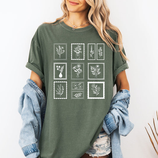 Vintage Floral Stamps, Minimalist, Cute, Classic, Comfort Colors T-Shirt