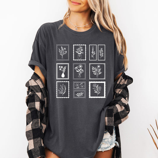 Vintage Floral Stamps, Minimalist, Cute, Classic, Comfort Colors T-Shirt