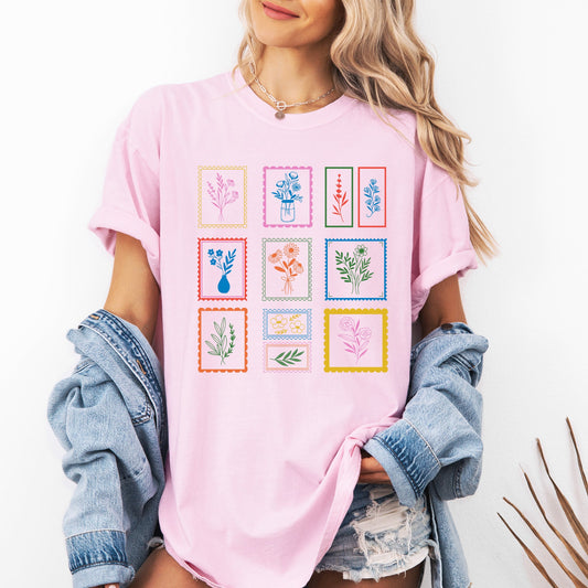 Vintage Floral Stamps, Flowers, Minimalist, Cute, Classic, Comfort Colors T-Shirt