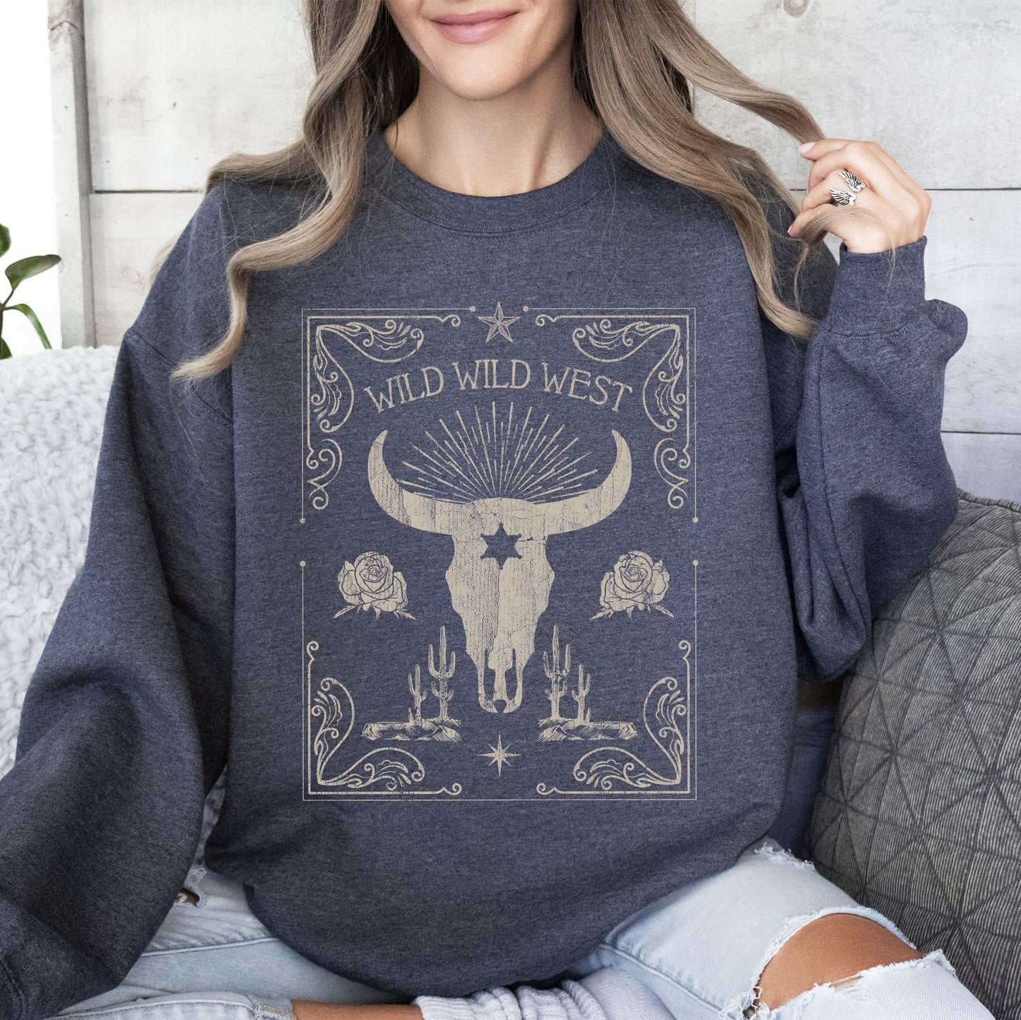 Wild Wild West, Cow Skull, Rose, Western, Country Sweatshirt