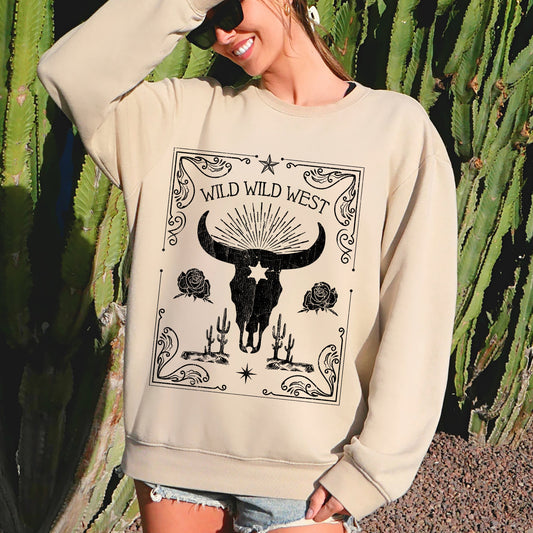 Wild Wild West, Cow Skull, Rose, Western, Country Sweatshirt