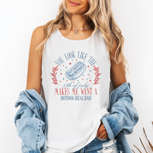 You Look Like The Fourth of July, Hot Dog, Blonde, Summer, Beach, Hot Girl Summer, Sunshine Comfort Colors Tank Top