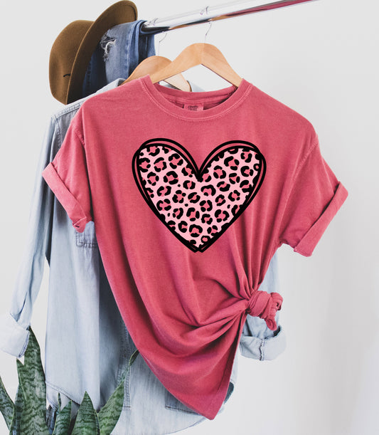 Heart Pink Leopard Print Comfort Colors Tshirt
