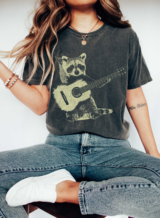 Raccoon Playing Guitar Music Comfort Colors Tshirt