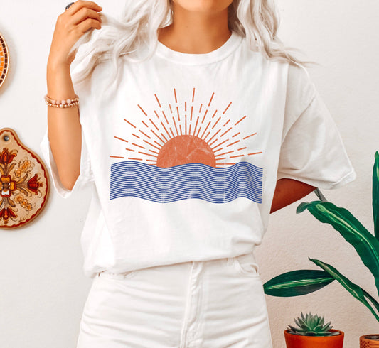 Sunrise And Waves Line Art Comfort Colors Tshirt