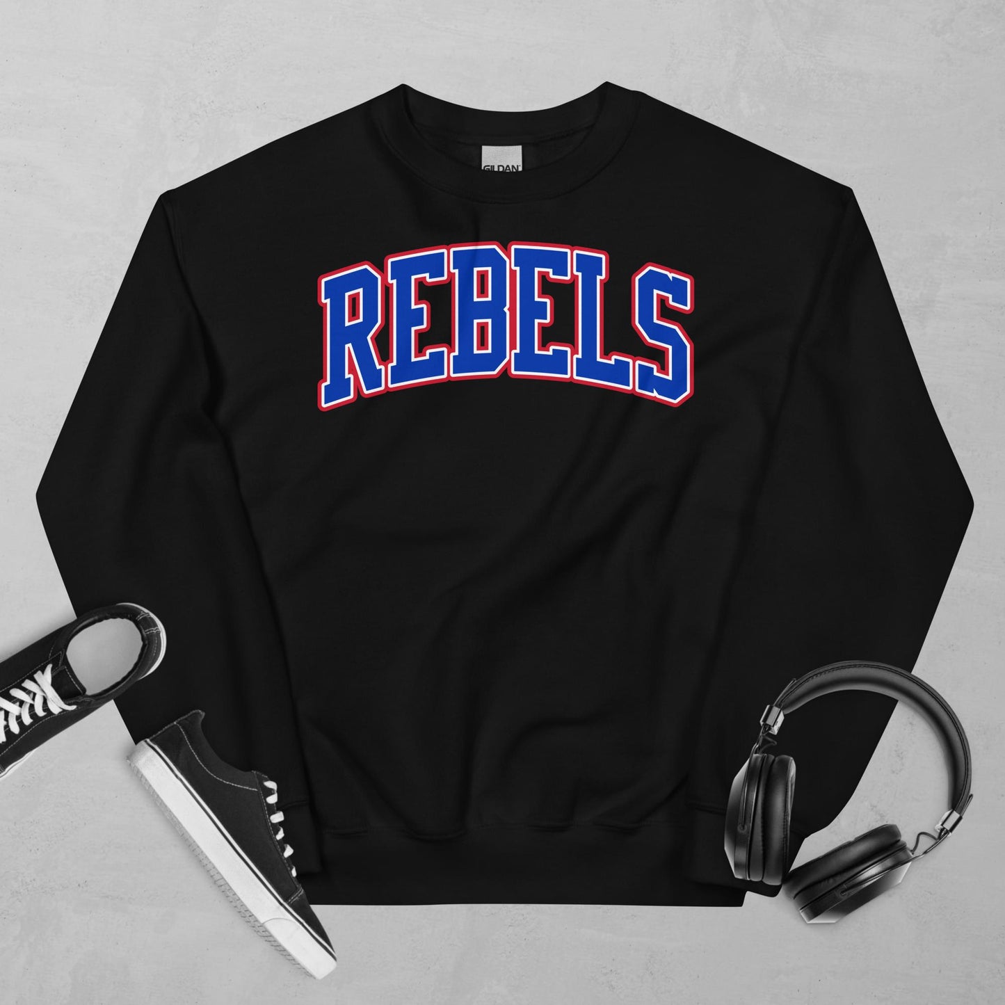 Tri-Color Rebels Arched Varsity Crewneck