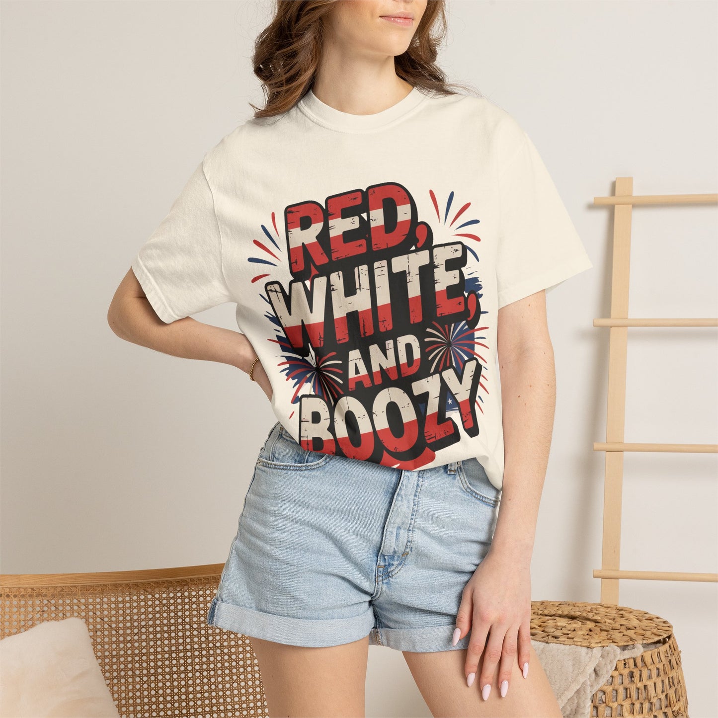 Red, White, and Boozy Ivory T-Shirt, Unisex Garment-Dyed Tee, Fourth of July Shirt, Patriotic Apparel, Summer Party Top, Alcohol Lover Gift