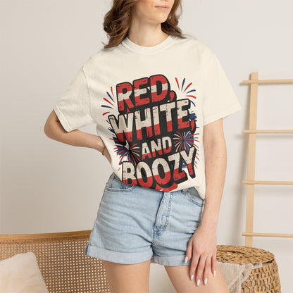 Red, White, and Boozy Ivory T-Shirt, Unisex Garment-Dyed Tee, Fourth of July Shirt, Patriotic Apparel, Summer Party Top, Alcohol Lover Gift