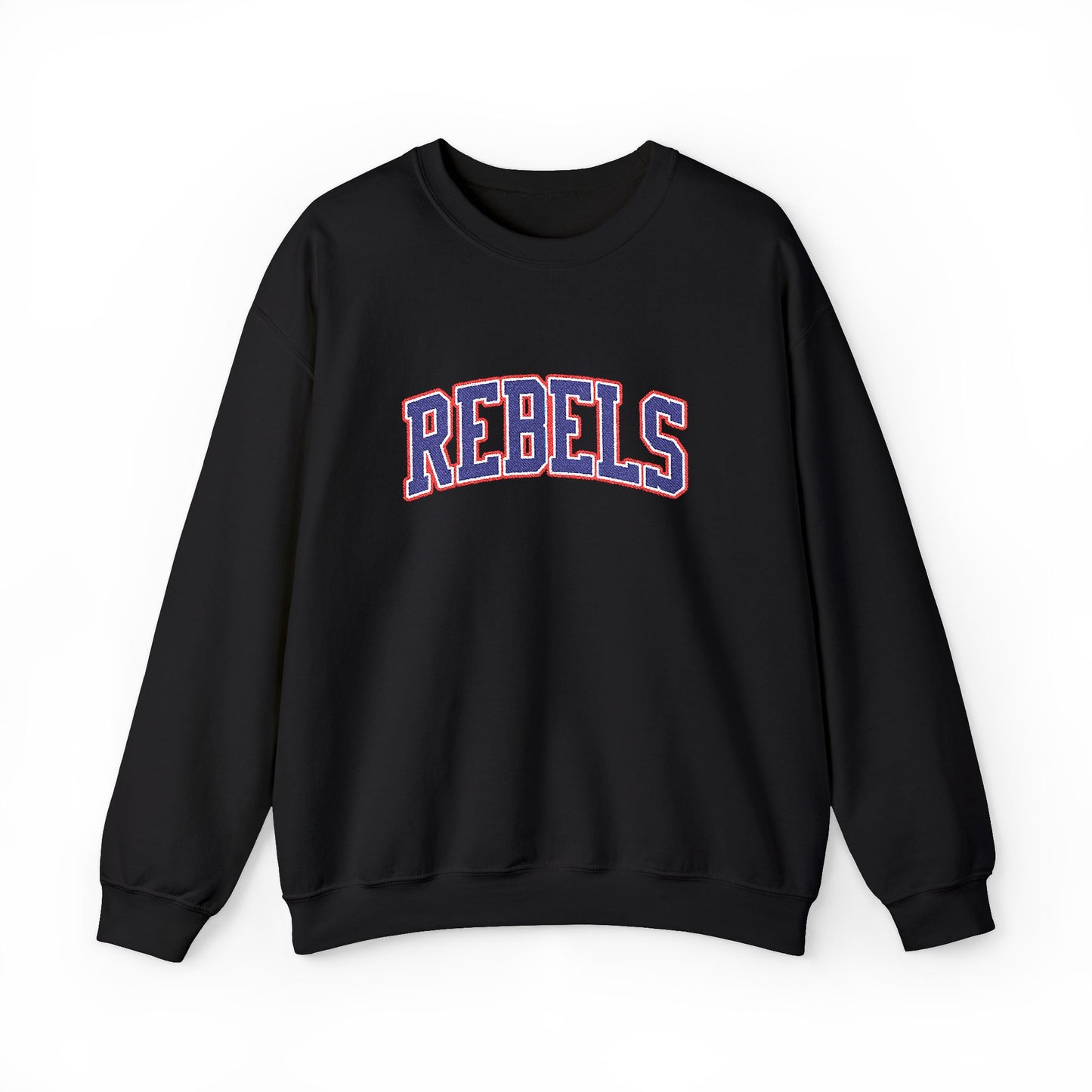 Rebels Graphic Crewneck Sweatshirt — Retro Collegiate Embroidered Lettering