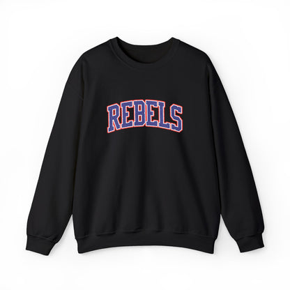 Rebels Graphic Crewneck Sweatshirt — Retro Collegiate Embroidered Lettering
