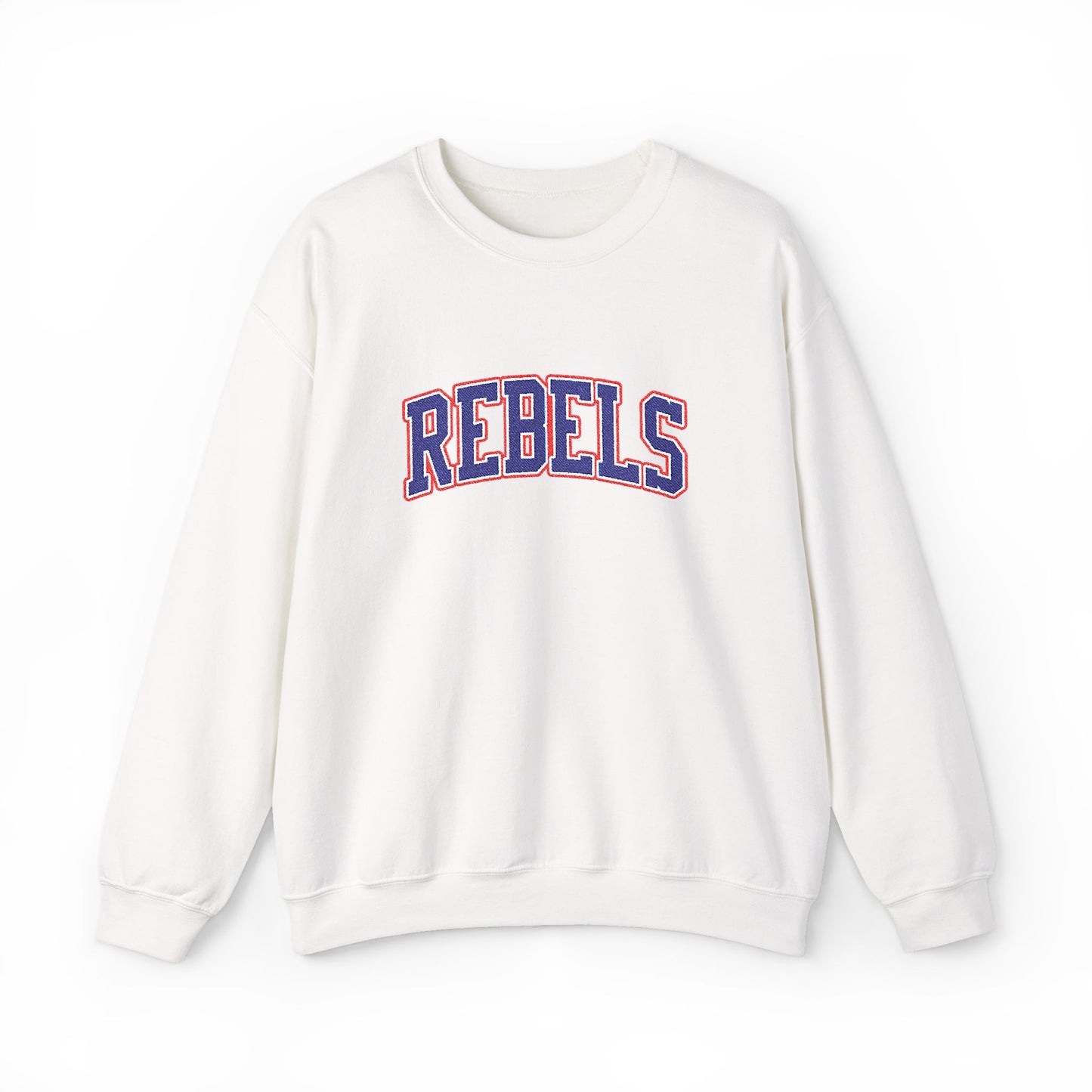 Rebels Graphic Crewneck Sweatshirt — Retro Collegiate Embroidered Lettering