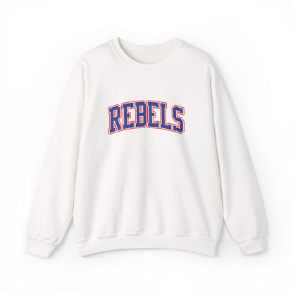Rebels Graphic Crewneck Sweatshirt — Retro Collegiate Embroidered Lettering