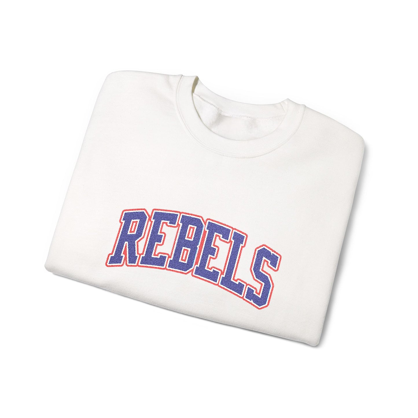 Rebels Graphic Crewneck Sweatshirt — Retro Collegiate Embroidered Lettering