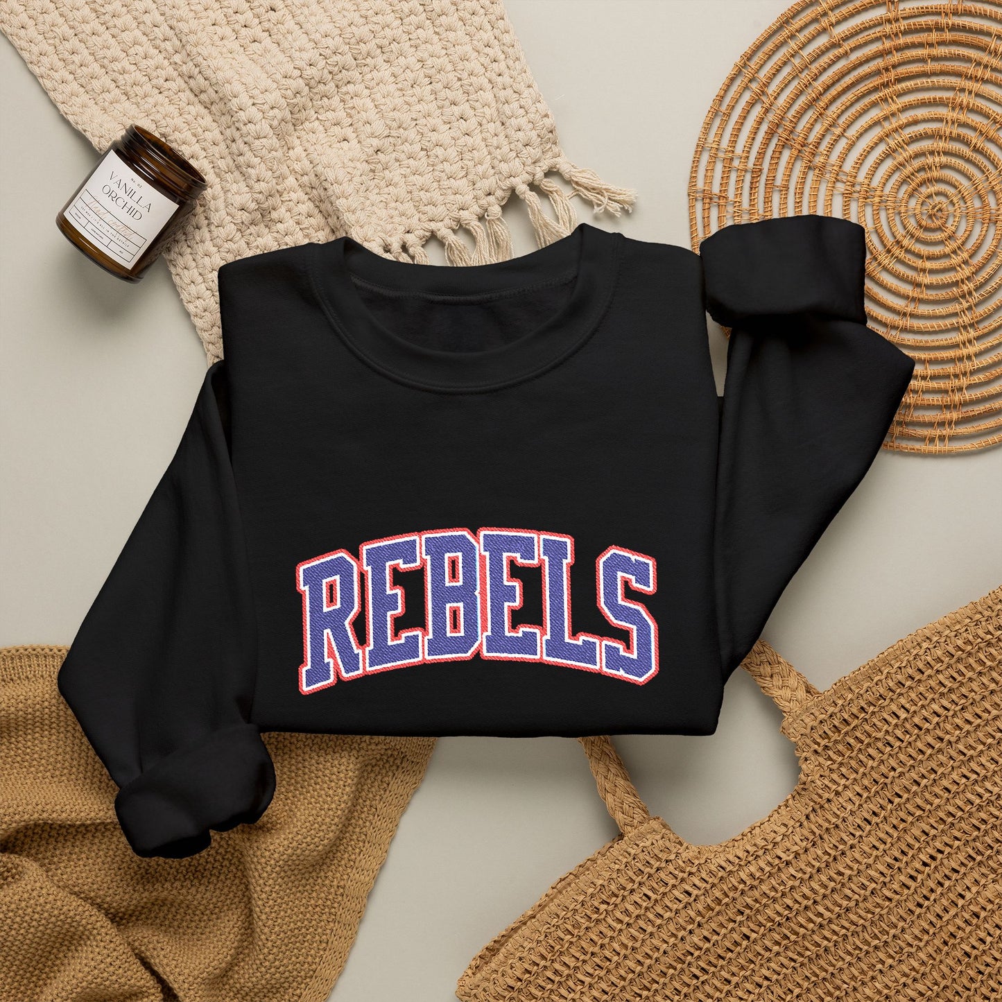 Rebels Graphic Crewneck Sweatshirt — Retro Collegiate Embroidered Lettering
