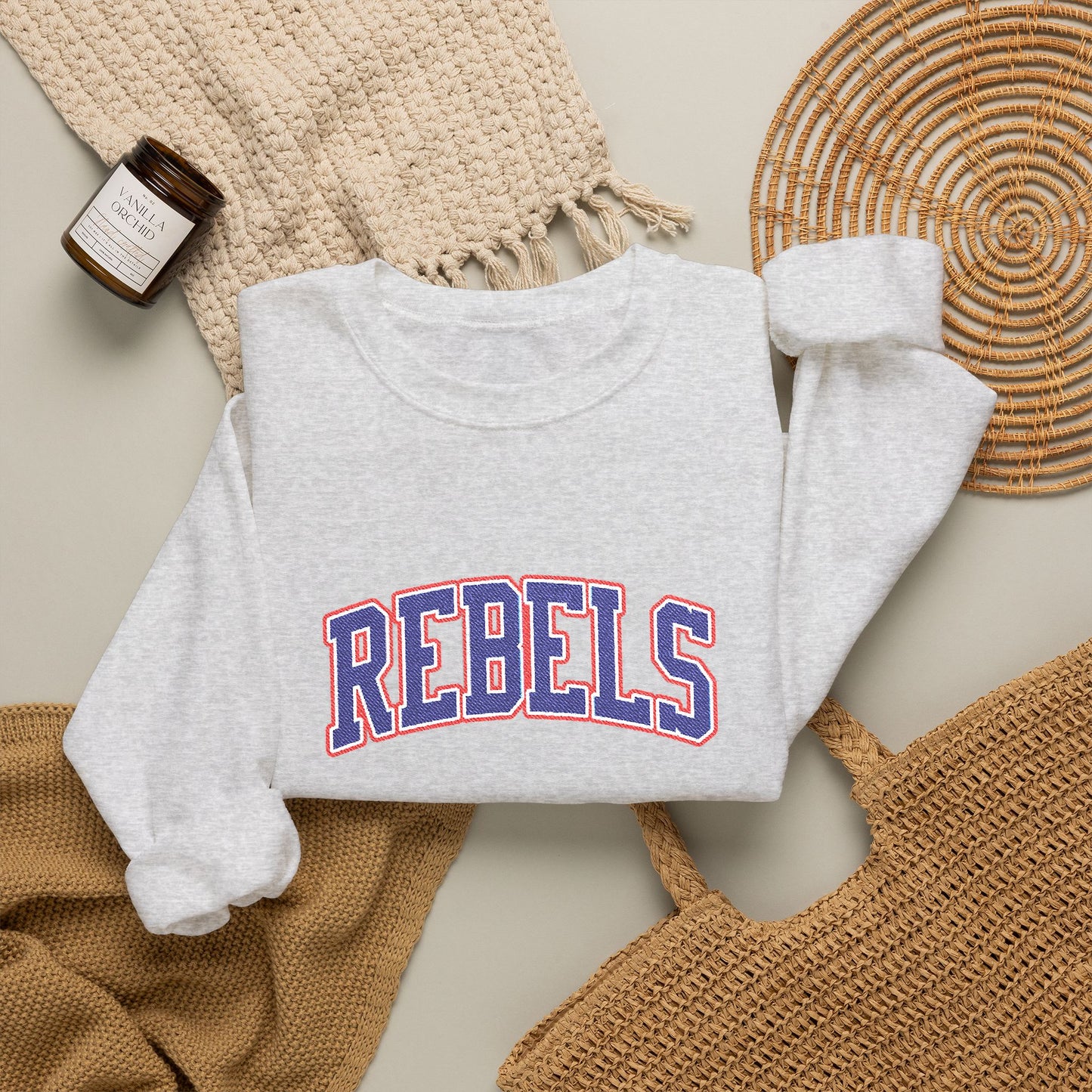 Rebels Graphic Crewneck Sweatshirt — Retro Collegiate Embroidered Lettering