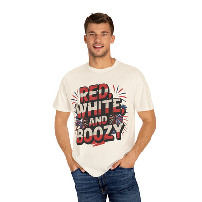 Red, White, and Boozy Ivory T-Shirt, Unisex Garment-Dyed Tee, Fourth of July Shirt, Patriotic Apparel, Summer Party Top, Alcohol Lover Gift